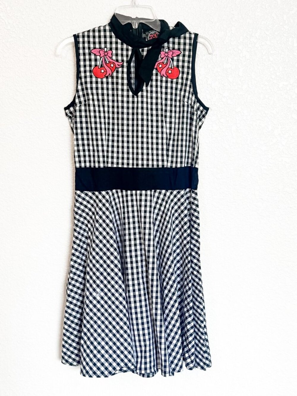 Too Fast Gingham Cherry Embroidery Dress Large Black White Rockabilly 50s Retro